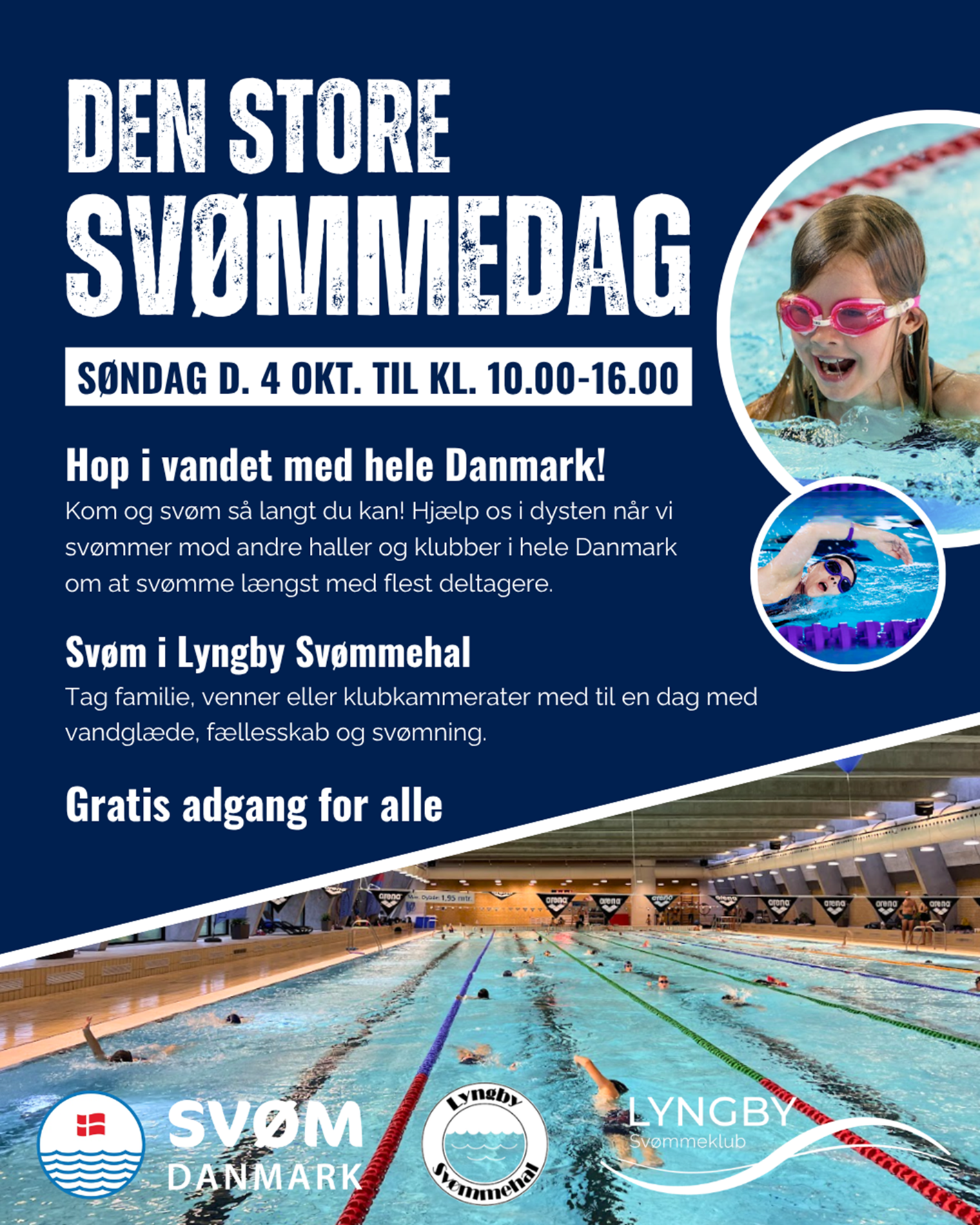 Den Store Svømmedag i Lyngby Svømmehal – en aktiv og festlig dag for hele familien Søndag den 4. oktober 2026 kl. 10.00–16.00 afholder Lyngby Svømmehal i samarbejde med Lyngby Svømmeklub