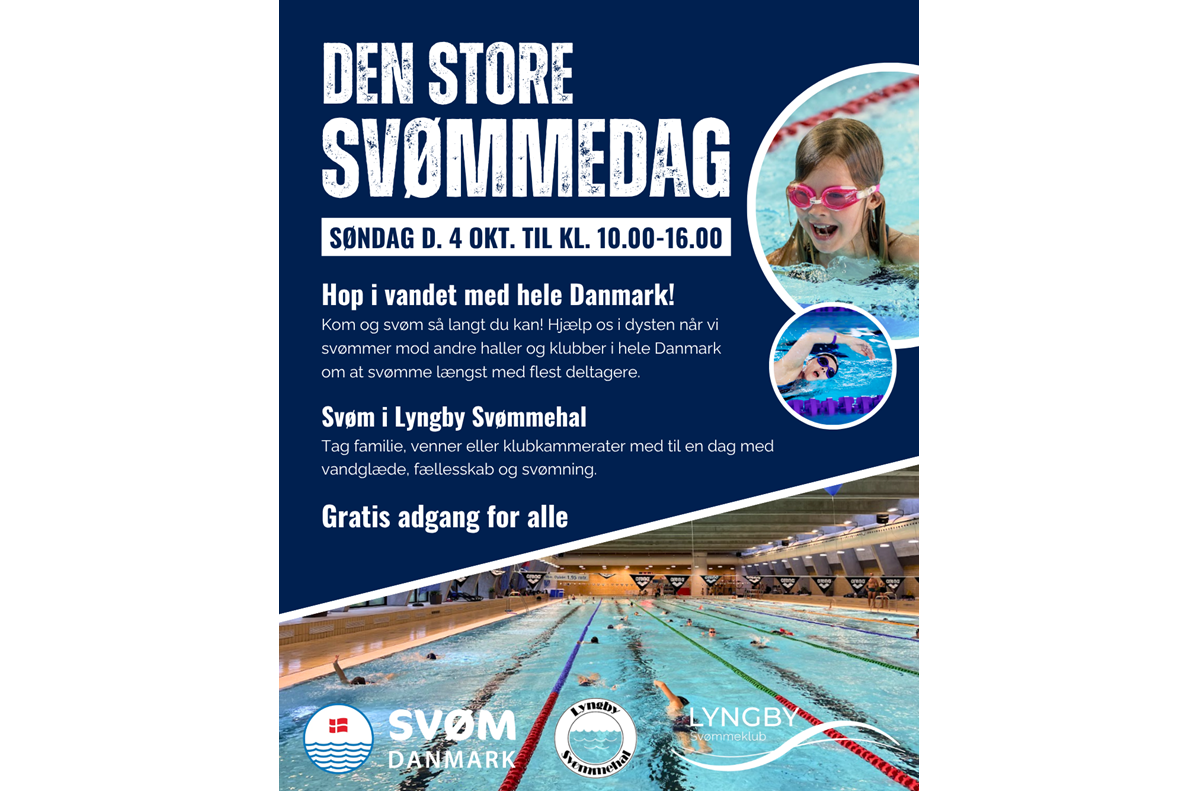 Plakat om Den store svømmedag  søndag d. 4. oktober kl. 10-16 i Lyngby Svømmehal