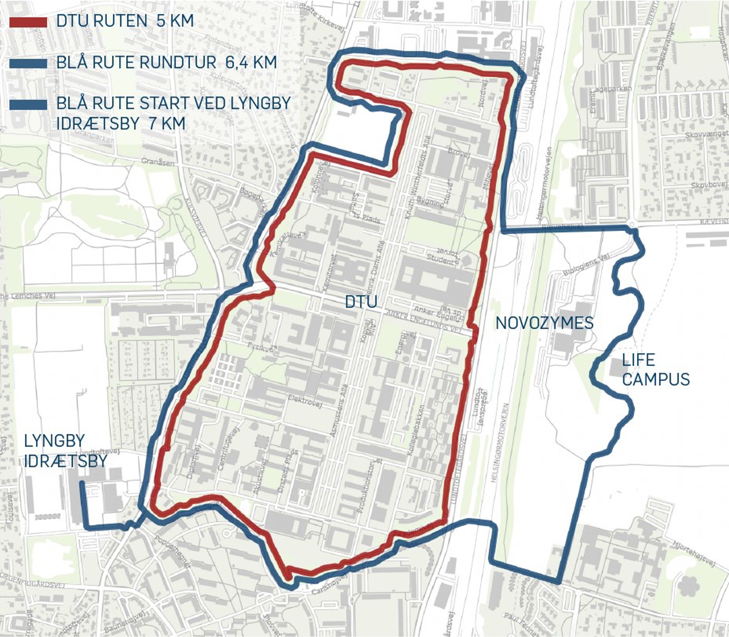 Løberuter ved DTU - DTU løberute (rød) 5 km og LTK løberute (blå) 7 km