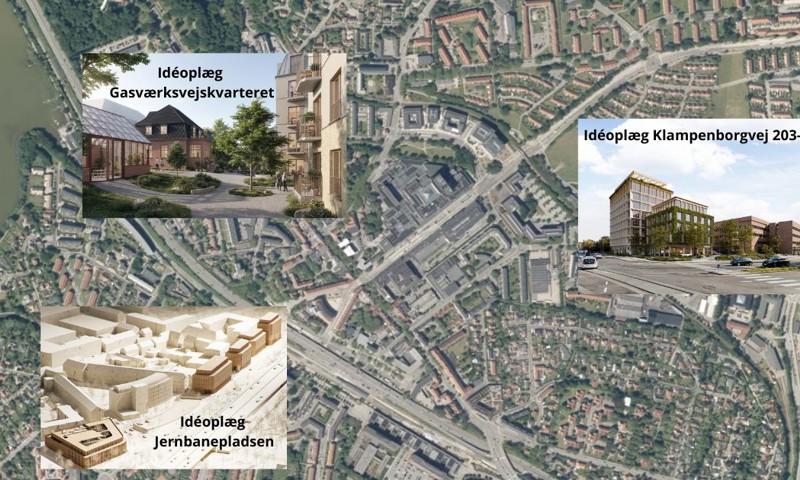Bykort over Kgs. Lyngby centrum med indsatte visualiseringer fra idéoplæg af de tre projektormåder; Jernbanepladsen, Gasværksvej skvarteret og Klampenborgvej 203-205.