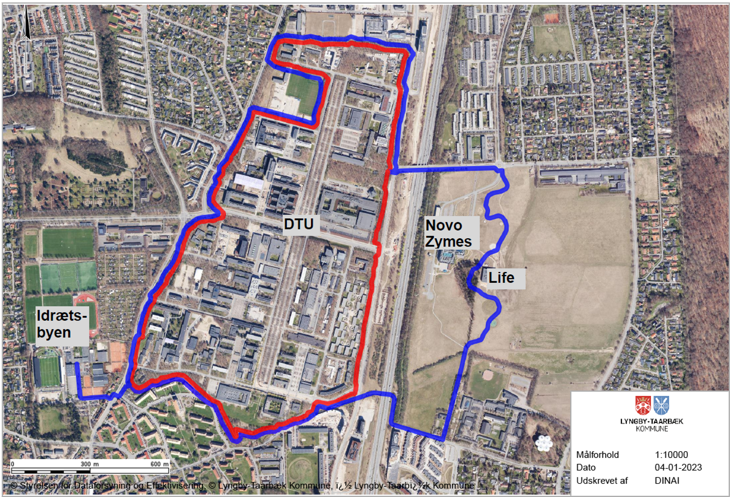 DTU løberute (rød) 5 km og LTK løberute (blå) 7 km