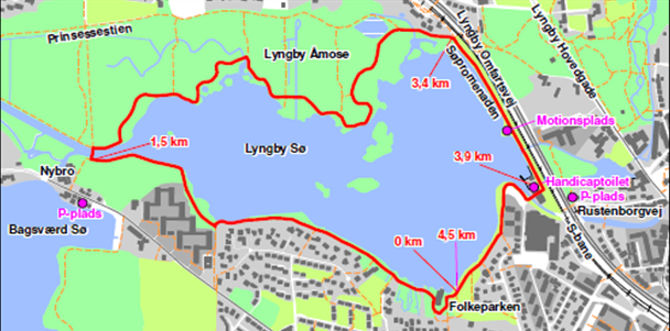På billedet ser du Hjertesti ruten rundt om Lyngby Sø, og placering af Motionspladsen
