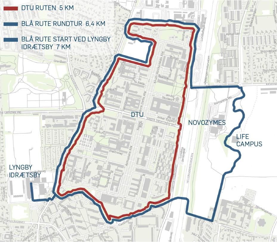 Løberuter ved DTU - DTU løberute (rød) 5 km og LTK løberute (blå) 7 km