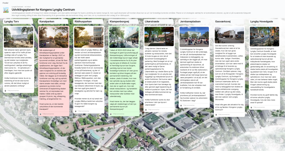 Screenshot af Padlet ifm høring af Udviklingsplan for Kongens Lyngby Centrum