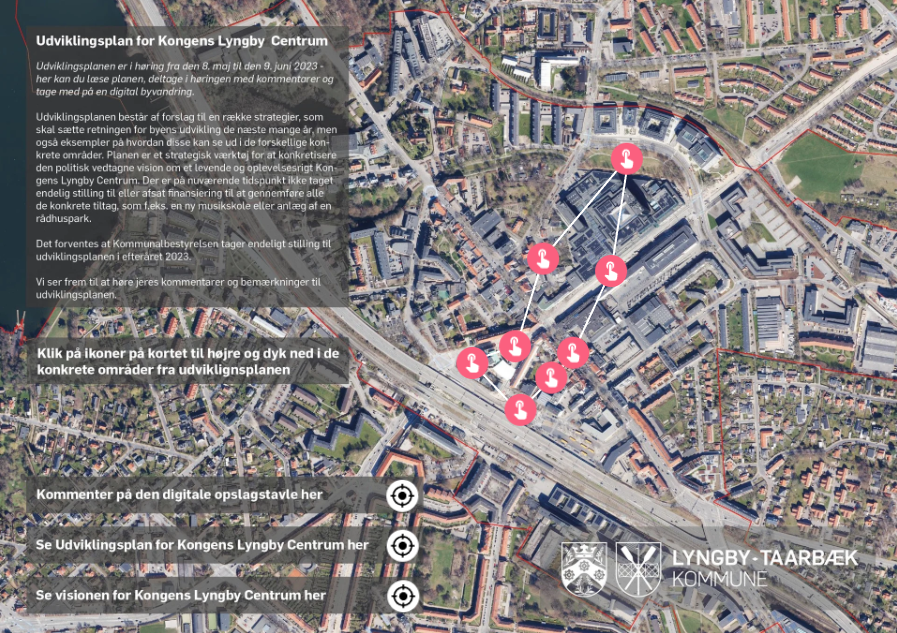 Foto af digital opslagstavle ifm høring af Udviklingsplan for Kongens Lyngby Centrum